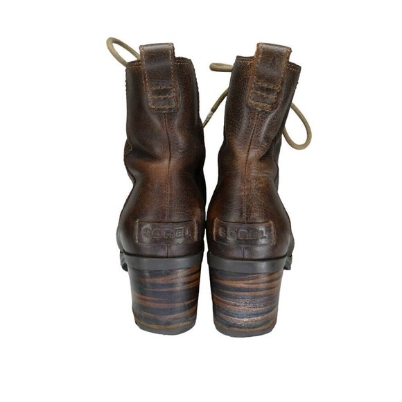 Sorel Cate Ankle Boots Women's 7 Brown Leather Lace Up Lug Block Heel Booties - Picture 3 of 11